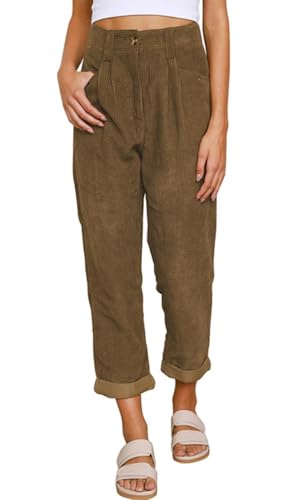 CheChury Damen Cordhose Lässig Cord Hosen Hohe Casual Taille Lange Elegant Nadelstreifen Freizeithose Gerade Bein Baggy Hosen Mit Taschen Knopfleiste Reißverschluss Einfarbig Freizeithose von CheChury