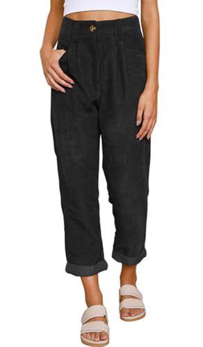 CheChury Damen Cordhose Lässig Cord Hosen Hohe Casual Taille Lange Elegant Nadelstreifen Freizeithose Gerade Bein Baggy Hosen Mit Taschen Knopfleiste Reißverschluss Einfarbig Freizeithose von CheChury