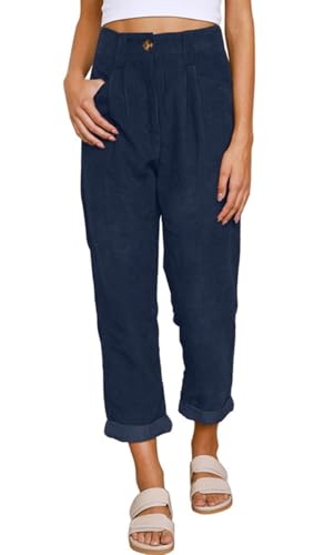 CheChury Damen Cordhose Lässig Cord Hosen Hohe Casual Taille Lange Elegant Nadelstreifen Freizeithose Gerade Bein Baggy Hosen Mit Taschen Knopfleiste Reißverschluss Einfarbig Freizeithose von CheChury