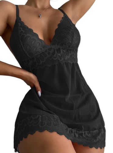 CheChury Damen Dessous-Set Spitzen Sexy Reizwäsche Halfter Damen Negligee Babydoll Nachtwäsche Tiefer V-Ausschnitt Bodysuit Lingerie Nachtkleid G-String Sleepwear Unterwäsche Frauen 2 PCS,Schwarz,XL von CheChury