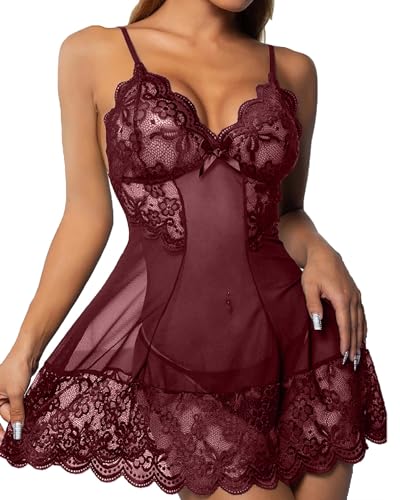 CheChury Damen Dessous-Set Spitzen Sexy Reizwäsche Halfter Damen Negligee Babydoll Nachtwäsche Tiefer V-Ausschnitt Nachthemd Lingerie Nachtkleid G-String Sleepwear Unterwäsche Set Frauen 2 PCS,Rot,XL von CheChury