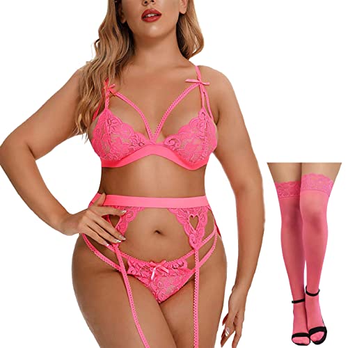 CheChury Damen Dessous Set Unterwäsche Sexy Babydoll Dessous Sexy Reizwäsche Set Push up Lingerie Slip Spitzen BH Sexy Strumpfband und Strümpfe für Frauen 4 Teiliges,Hot,M von CheChury