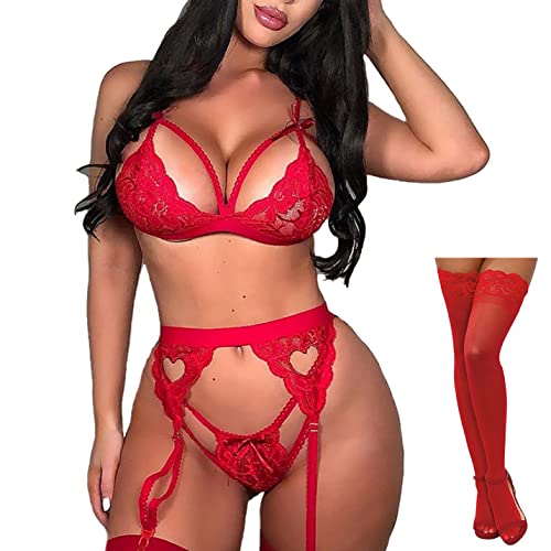 CheChury Damen Dessous Set Unterwäsche Sexy Babydoll Dessous Sexy Reizwäsche Set Push up Lingerie Slip Spitzen BH Sexy Strumpfband und Strümpfe für Frauen 4 Teiliges,Rot,L von CheChury