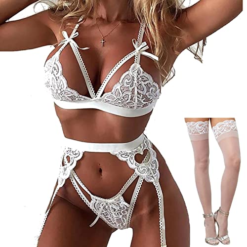 CheChury Damen Dessous Set Unterwäsche Sexy Babydoll Dessous Sexy Reizwäsche Set Push up Lingerie Slip Spitzen BH Sexy Strumpfband und Strümpfe für Frauen 4 Teiliges,Weiß,XL von CheChury