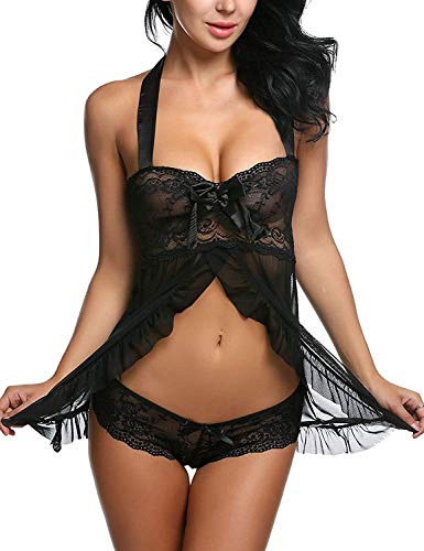 CheChury Damen Dessous Spitze Negligee Lingerie Vorne Öffnen Dessous Babydoll Set Nachtwäsche Sexy Kleid mit Panties von CheChury