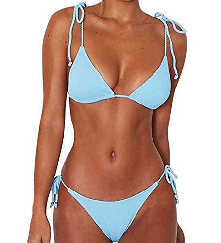 CheChury Damen Einfarbig Bandage Bikini Set Badeanzug Mit Triangle Bikinihose Brasilianische Badebekleidung Zweiteilig Push Up Bademode Swimsuit,Blau,S von CheChury