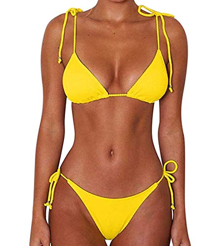 CheChury Damen Einfarbig Bandage Bikini Set Badeanzug Mit Triangle Bikinihose Brasilianische Badebekleidung Zweiteilig Push Up Bademode Swimsuit,Gelb,L von CheChury