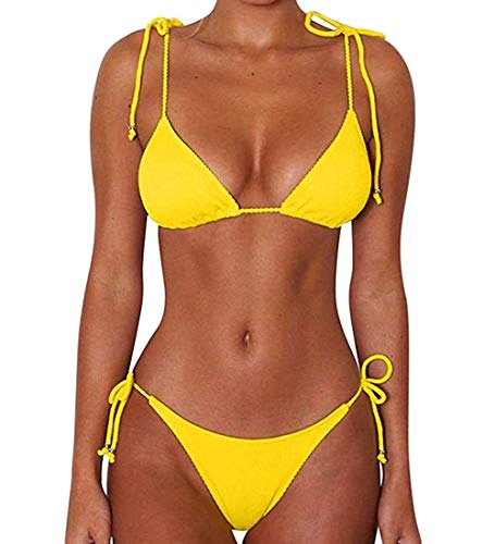 CheChury Damen Einfarbig Bandage Bikini Set Badeanzug Mit Triangle Bikinihose Brasilianische Badebekleidung Zweiteilig Push Up Bademode Swimsuit,Gelb,M von CheChury