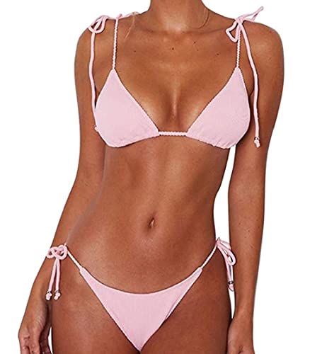 CheChury Damen Einfarbig Bandage Bikini Set Badeanzug Mit Triangle Bikinihose Brasilianische Badebekleidung Zweiteilig Push Up Bademode Swimsuit,Rosa,S von CheChury