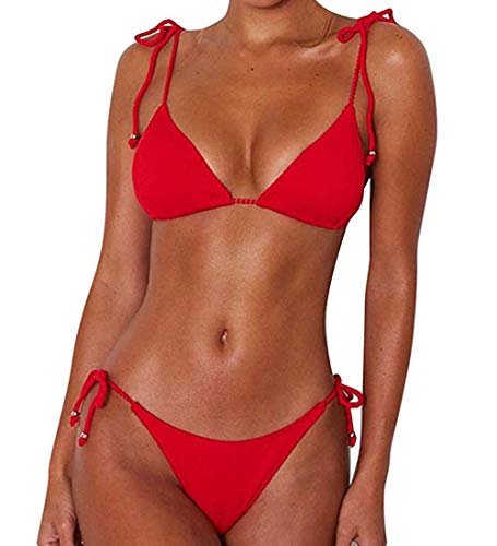 CheChury Damen Einfarbig Bandage Bikini Set Badeanzug Mit Triangle Bikinihose Brasilianische Badebekleidung Zweiteilig Push Up Bademode Swimsuit,Rot,XL von CheChury