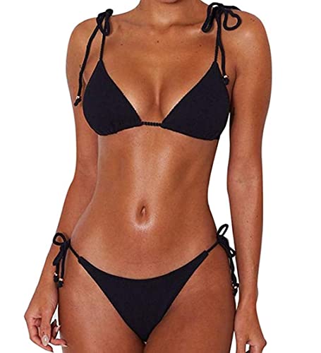 CheChury Damen Einfarbig Bandage Bikini Set Badeanzug Mit Triangle Bikinihose Brasilianische Badebekleidung Zweiteilig Push Up Bademode Swimsuit,Schwarz,L von CheChury