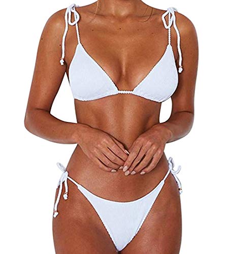 CheChury Damen Einfarbig Bandage Bikini Set Badeanzug Mit Triangle Bikinihose Brasilianische Badebekleidung Zweiteilig Push Up Bademode Swimsuit,Weiß,M von CheChury