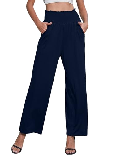 CheChury Damen Einfarbig Lose Gerade Geschnitten Palazzo Hose Hohe Taille Dehnbar Lounge Hose mit Taschen Damen Lang Freizeithosen Lässige Female Hose Weitem Bein Geschnittene Hose Casual,Blau,M von CheChury