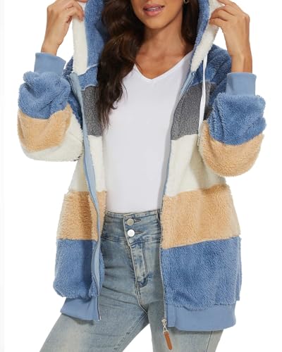 CheChury Damen Fleecejacke Strickjacke Teddy Fleece Mantel Warm Gefüttert Winter Kapuzenpullover Hoodie Jacken Flauschig Plüschjacke Sweatshirt mit Kapuze und Reißverschluss Winterjacke von CheChury