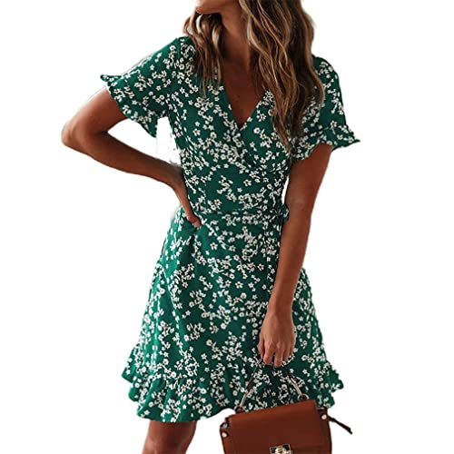 CheChury Damen Freizeit Kleid V-Ausschnitt Damenrock Casual Tunika Female Kleid Kurz Elegant Blusenkleid Blumen Sommerkleid Kurzarm Sommer Strandkleider High Waist,GrünM von CheChury