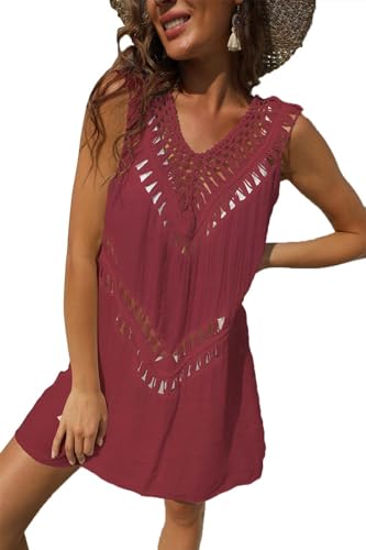 CheChury Damen Gestrickte Strandkleider Sommer Boho Strandponcho V-Ausschnitt Pareos Badeanzug Strandurlaub Gestrickte Crochet Bikini Cover Ups Cutout Minikleid Strand Kurze Kleid Sommerkleid,Rot von CheChury