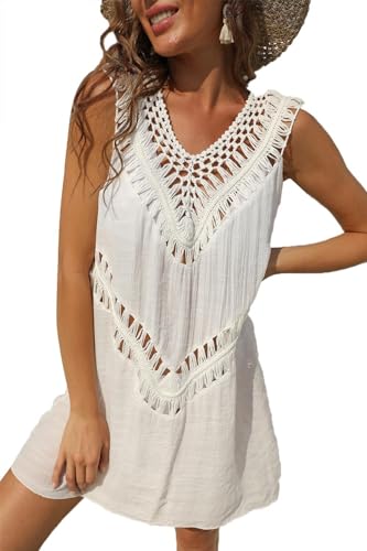 CheChury Damen Gestrickte Strandkleider Sommer Boho Strandponcho V-Ausschnitt Pareos Badeanzug Strandurlaub Gestrickte Crochet Bikini Cover Ups Cutout Minikleid Strand Kurze Kleid Sommerkleid,Weiß von CheChury