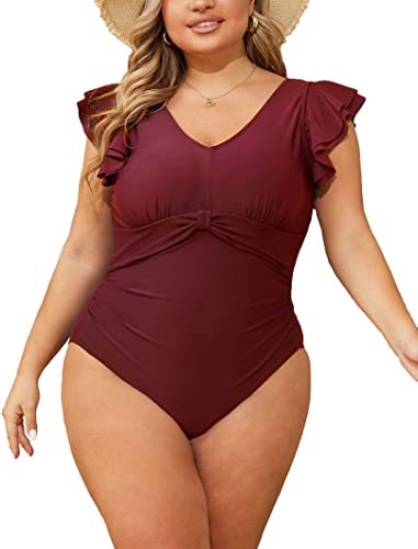 CheChury Damen Große Größen Badeanzug V Ausschnitt Badeanzüge Geraffte Bauchweg Einteilige Bademode Plus Size Badebekleidung Push Up Swimsuit Tummy Control Badeanzug Mollige Retro Monokini,Rot,3XL von CheChury