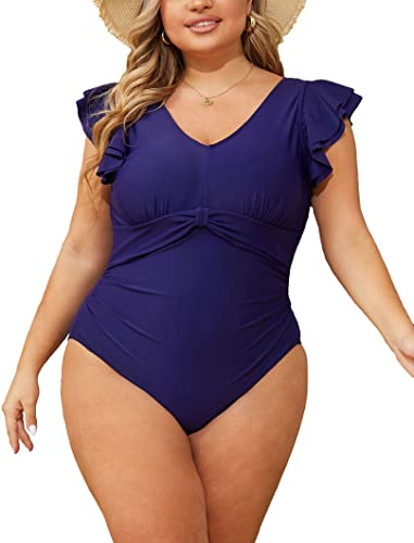 CheChury Damen Große Größen Badeanzug V Ausschnitt Badeanzüge Geraffte Bauchweg Einteilige Bademode Plus Size Badebekleidung Push Up Swimsuit Tummy Control Badeanzug Mollige Retro Monokini,Marine,XXL von CheChury