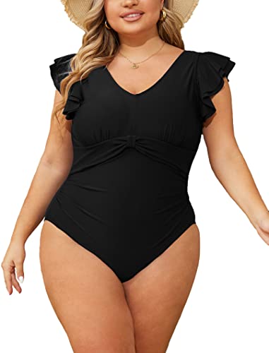 CheChury Damen Große Größen Badeanzug V Ausschnitt Badeanzüge Geraffte Bauchweg Einteilige Bademode Plus Size Badebekleidung Push Up Swimsuit Tummy Control Badeanzug Mollige Retro Monokini,Schwarz,XL von CheChury