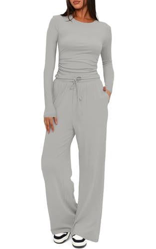 CheChury Damen Herbst Lounge Set Zweiteiler Damen Elegant 2 Stück Tracksuit Langarm Jogginganzug Freizeitanzug Sportanzug Trainingsanzug Freizeitanzug Slim Fit Outfits Hausanzug Loungewear,Hellgrau,S von CheChury