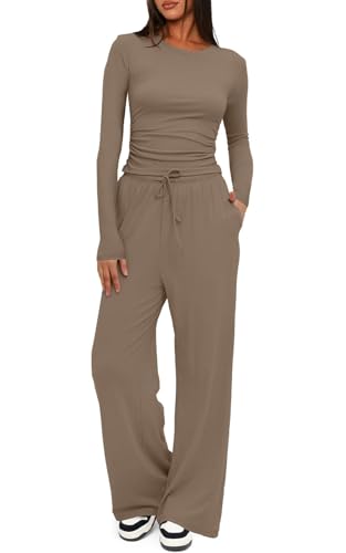 CheChury Damen Herbst Lounge Set Zweiteiler Damen Elegant 2 Stück Tracksuit Langarm Jogginganzug Freizeitanzug Sportanzug Trainingsanzug Freizeitanzug Slim Fit Outfits Hausanzug Loungewear,Kaffee,L von CheChury