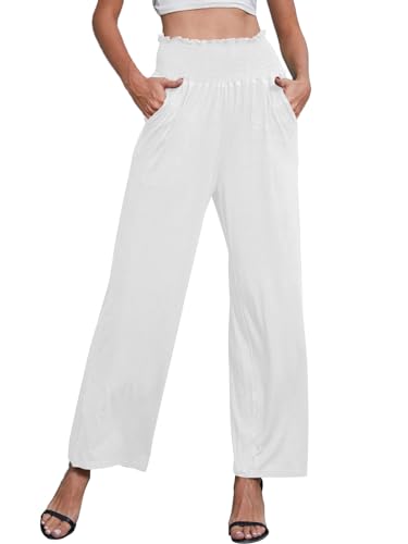 CheChury Damen Einfarbig Lose Gerade Geschnitten Palazzo Hose Hohe Taille Dehnbar Lounge Hose mit Taschen Damen Hohe Taille Hose Casual Gürtel Weite Bein Palazzo Hose Leinen Baumwolle Dehnbar Herbst von CheChury