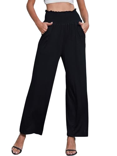 CheChury Damen Hohe Taille Hose Casual Gürtel Weite Bein Palazzo Hose Leinen Baumwolle Dehnbar Herbst Lässig Locker Bequeme Hose mit Taschen Business Festlich Hose von CheChury