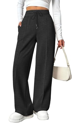CheChury Damen Hose Casual Leicht Weites Bein Elegant Hosen Damen Jogginghose Einfarbig Freizeithose Gerade Bein Hohe Taille Frauen Hosen Lang Locker Hose Weite Leg Stoffhose Herbst,Dunkelgrau,S von CheChury