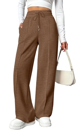 CheChury Damen Hose Casual Leicht Weites Bein Elegant Hosen Damen Jogginghose Einfarbig Freizeithose Gerade Bein Hohe Taille Frauen Hosen Lang Locker Hose Weite Leg Stoffhose Herbst Winter,Braun,XXL von CheChury