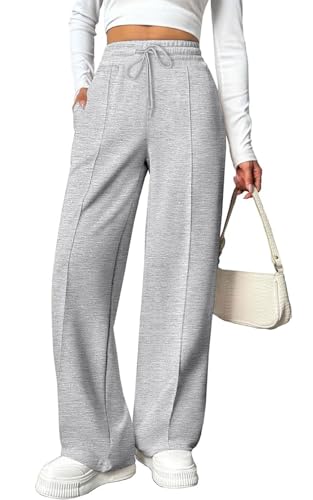 CheChury Damen Hose Casual Leicht Weites Bein Elegant Hosen Damen Jogginghose Einfarbig Freizeithose Gerade Bein Hohe Taille Frauen Hosen Lang Locker Hose Weite Leg Stoffhose Herbst Winter,Hellgrau,S von CheChury