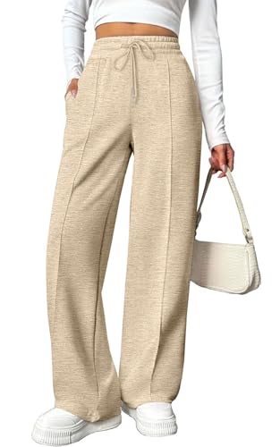 CheChury Damen Hose Casual Leicht Weites Bein Elegant Hosen Damen Jogginghose Einfarbig Freizeithose Gerade Bein Hohe Taille Frauen Hosen Lang Locker Hose Weite Leg Stoffhose Herbst Winter,Khaki,M von CheChury