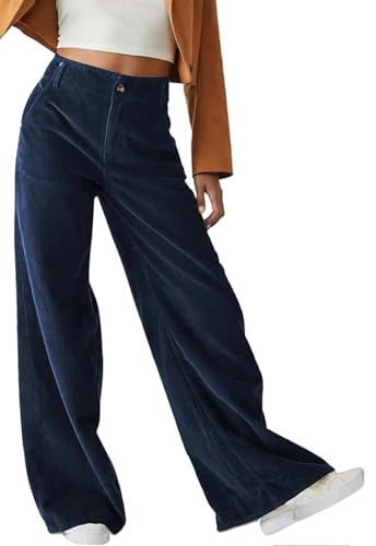 CheChury Damen Hose Weites Bein Elegant Hosen Damen Cordhose Herbst Freizeithose Winter Casual Elastische Taille Baggy Hose Gerades Bein Einfarbig Frauen Hosen Lang Locker Stoffhose,Marineblau,M von CheChury