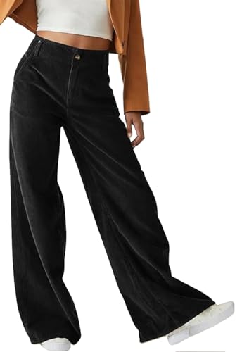 CheChury Damen Hose Weites Bein Elegant Hosen Damen Cordhose Herbst Freizeithose Winter Casual Elastische Taille Baggy Hose Gerades Bein Einfarbig Frauen Hosen Lang Locker Stoffhose,Schwarz,S von CheChury