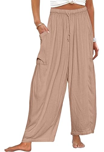 CheChury Damen Hosen Sommer Leinen Leicht Casual Locker Leinenhose Freizeithose Palazzo Hose Weite Leg Hose Strandhose Sommerhose Hohe Taille mit Tunnelzug und Taschen für Reisen Casual Daily Outing von CheChury