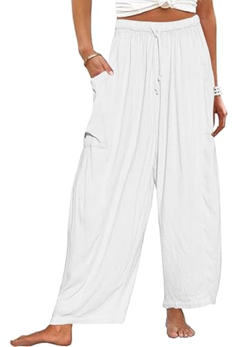 CheChury Damen Hosen Sommer Leinen Leicht Casual Locker Leinenhose Freizeithose Palazzo Hose Weite Leg Hose Strandhose Sommerhose Hohe Taille mit Tunnelzug und Taschen für Reisen Casual Daily Outing von CheChury