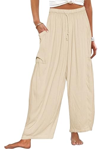 CheChury Damen Hosen Sommer Leinen Leicht Casual Locker Leinenhose Freizeithose Palazzo Hose Weite Leg Hose Strandhose Sommerhose Hohe Taille mit Tunnelzug und Taschen für Reisen Casual Daily Outing von CheChury