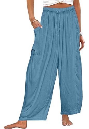 CheChury Damen Hosen Sommer Leinen Leicht Casual Locker Leinenhose Freizeithose Palazzo Hose Weite Leg Hose Strandhose Sommerhose Hohe Taille mit Tunnelzug und Taschen für Reisen Casual Daily Outing von CheChury