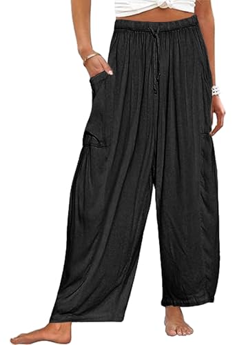 CheChury Damen Hosen Sommer Leinen Leicht Casual Locker Leinenhose Freizeithose Palazzo Hose Weite Leg Hose Strandhose Sommerhose Hohe Taille mit Tunnelzug und Taschen für Reisen Casual Daily Outing von CheChury