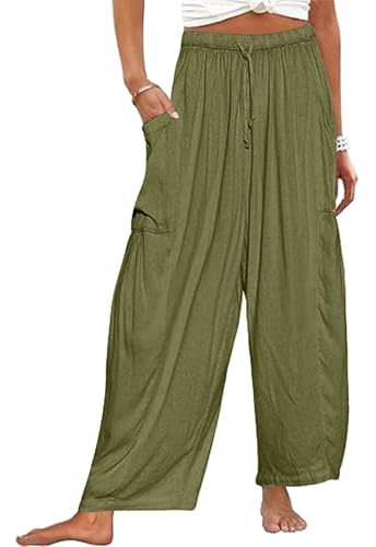 CheChury Damen Hosen Sommer Leinen Leicht Casual Locker Leinenhose Freizeithose Palazzo Hose Weite Leg Hose Strandhose Sommerhose Hohe Taille mit Tunnelzug und Taschen für Reisen Casual Daily Outing von CheChury