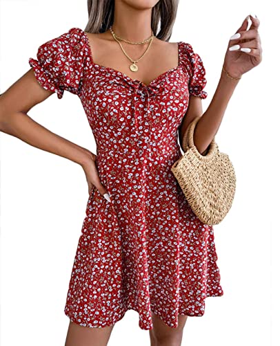 CheChury Damen Kleid Blumenmuster Freizeitkleider Damen Sommer Kleid V-Ausschnitt Freizeit Kleid Casual Kurzarm Kleid Kurz Wickelkleid Elegant Sommerkleid Rüschen Strandkleider Party Kleid,Rot,XL von CheChury