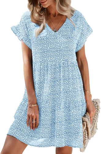 CheChury Damen Kleid V Ausschnitt Boho Blumenkleid Sommerkleid Strandkleider Midi Kurz Sommer Kurzarm Floral A Linie Freizeitkleider Elegant Leichte Lässige Party Mini Dress von CheChury