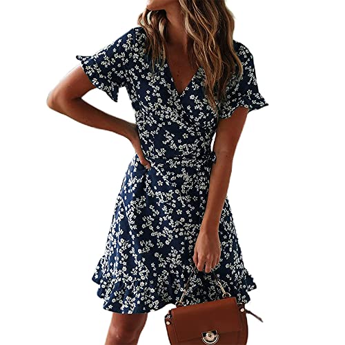 CheChury Damen Kleid V-Ausschnitt Elegant Langarm Blumen Kleider Kurz Knielang Partykleid Strandkleid Cocktailkleid Casual für Herbst Frühling von CheChury