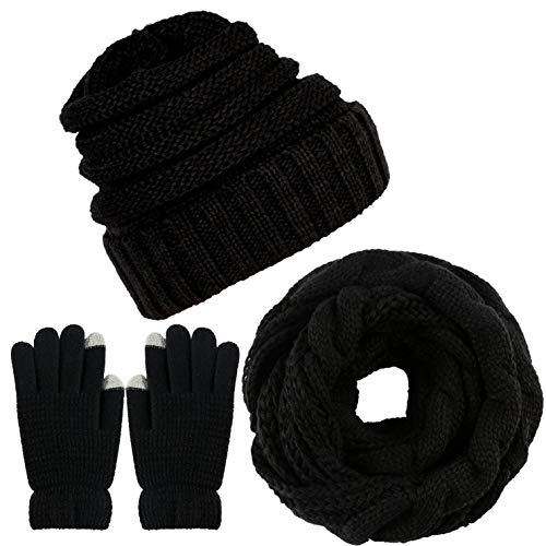 CheChury Damen Kombi Set Schal Mütze Set Loop Schal Gestrickt Beanie Passender Strickmütze Touchscreen-Handschuhe Strick mit Kreis Fleece Geschenkset für Outdoor Ski-Schwarz-One Size von CheChury