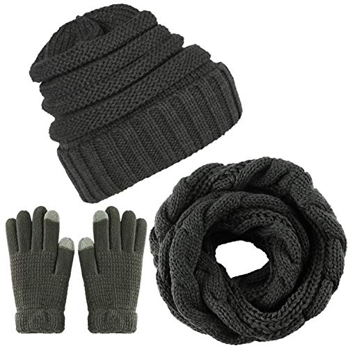 CheChury Damen Kombi Set Schal Mütze Set Loop Schal Gestrickt Beanie Passender Strickmütze Touchscreen-Handschuhe Strick mit Kreis Fleece Geschenkset für Outdoor Ski-Dunkelgrau-One Size von CheChury