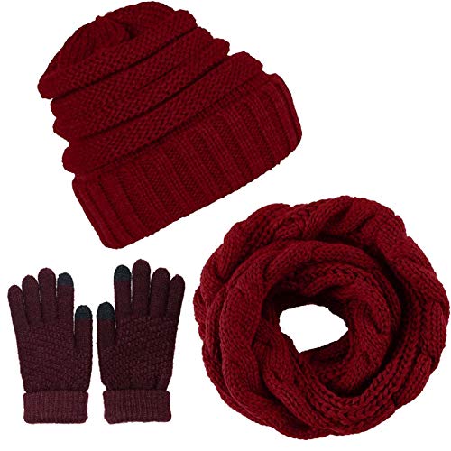 CheChury Damen Kombi Set Schal Mütze Set Loop Schal Gestrickt Beanie Passender Strickmütze Touchscreen-Handschuhe Strick mit Kreis Fleece Geschenkset für Outdoor Ski-Dunkelrot-One Size von CheChury