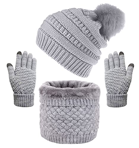 CheChury Damen Kombi Set Schal Mütze Set Loop Schal Gestrickt Beanie Strickmütze Fleece Bommelmütze Pompon Touchscreen-Handschuhe Strick mit Kreis Geschenkset für Frauen,Grau-1 von CheChury