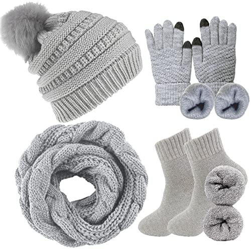 CheChury Damen Kombi Set Schal Mütze Set Loop Schal Gestrickt Beanie Strickmütze Fleece Bommelmütze Pompon Touchscreen-Handschuhe Strick mit Kreis Geschenkset für Frauen,Grau-2 von CheChury