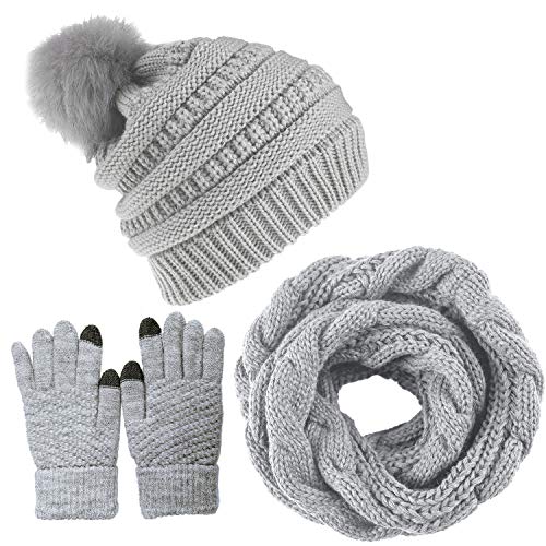 CheChury Damen Kombi Set Schal Mütze Set Loop Schal Gestrickt Beanie Strickmütze Fleece Bommelmütze Pompon Touchscreen-Handschuhe Strick mit Kreis Geschenkset für Frauen,Grau von CheChury