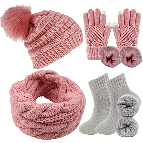 CheChury Damen Kombi Set Schal Mütze Set Loop Schal Gestrickt Beanie Strickmütze Fleece Bommelmütze Pompon Touchscreen-Handschuhe Strick mit Kreis Geschenkset für Frauen,Rosa-2 von CheChury